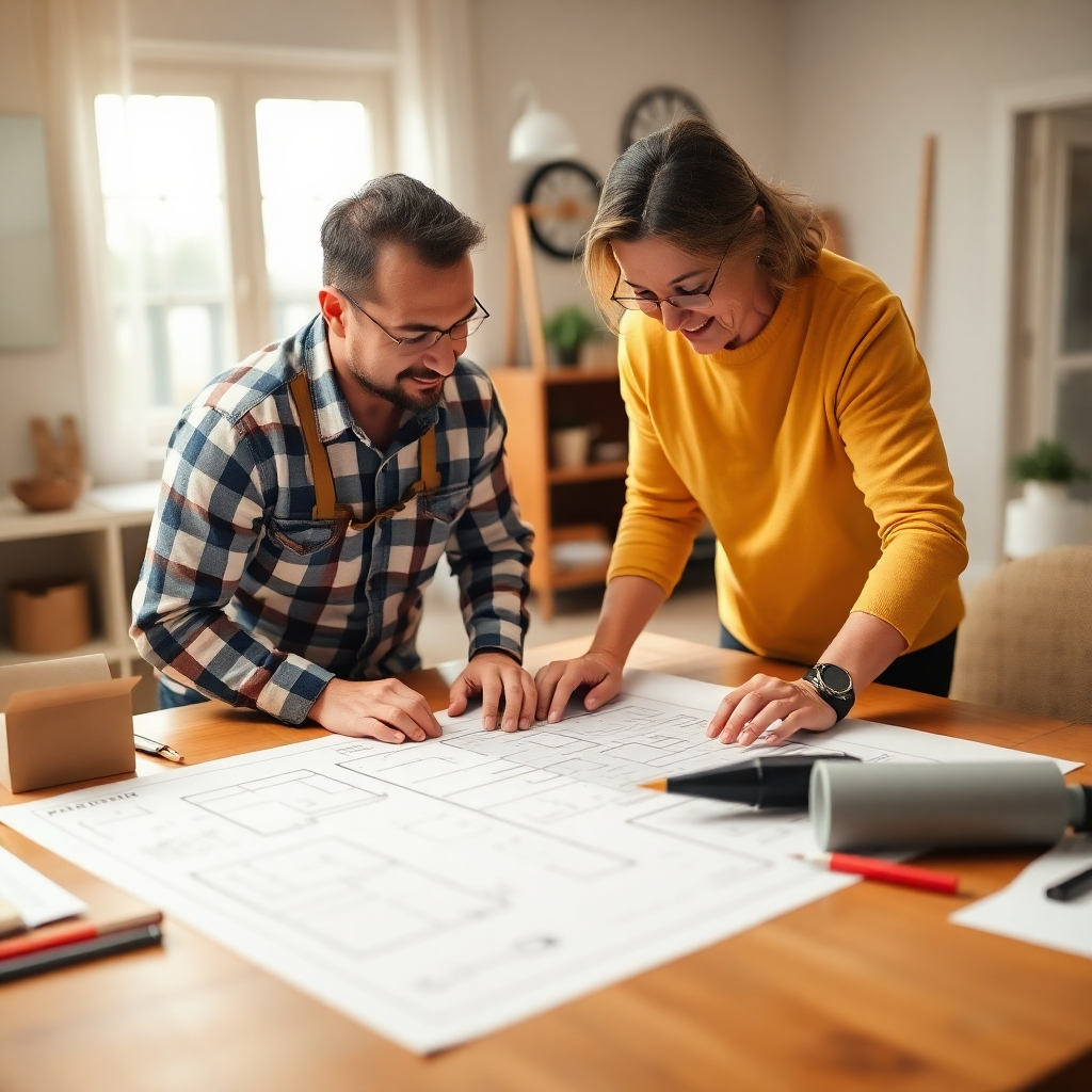 Illustrate a cozy design consultation scene with a couple discussing their ideas with a DWELLINE designer. Warm lighting should envelop the space, complementing the stylishly arranged design materials and color samples scattered around. A medium angle should capture the collaborative energy of the meeting.