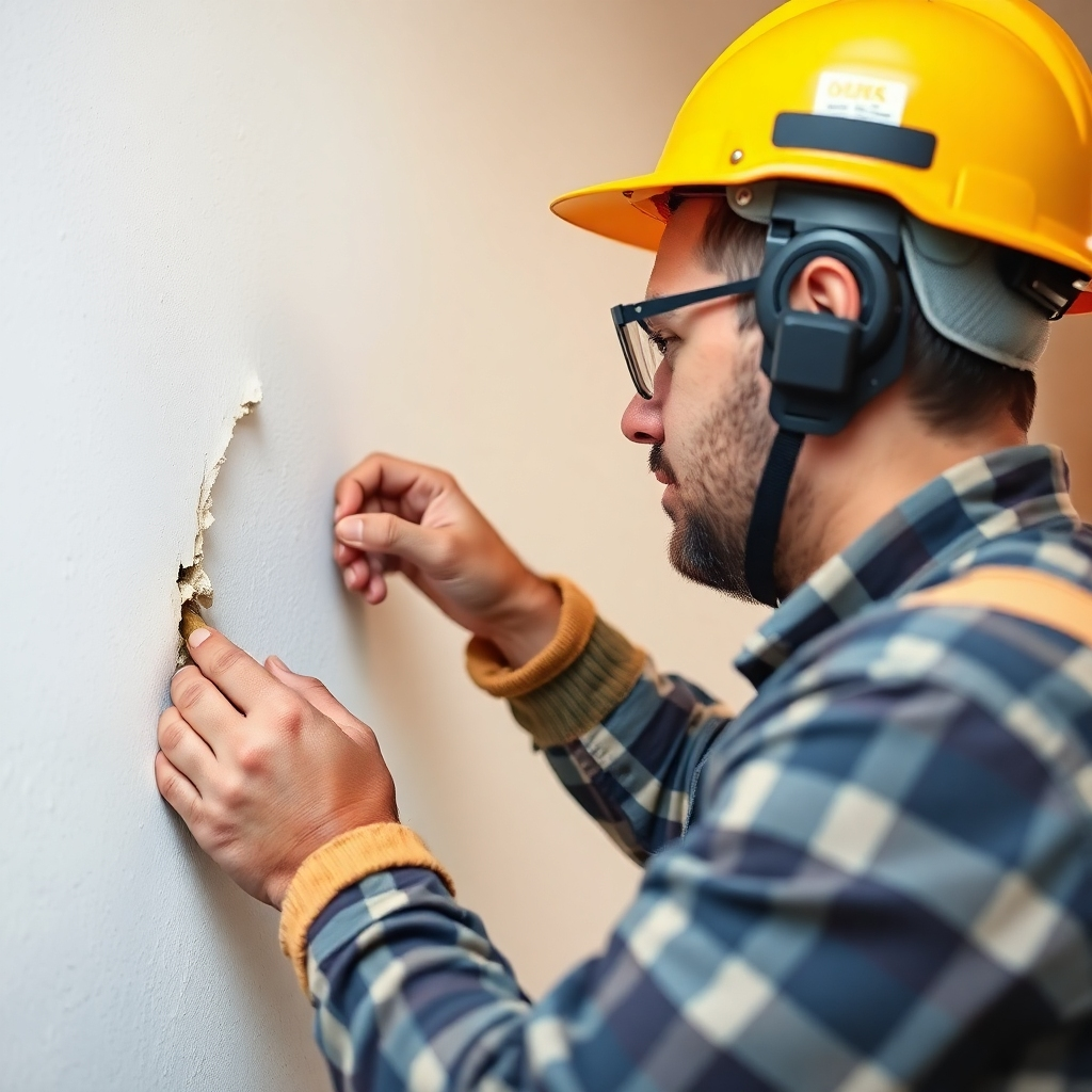 Visualize a handyman efficiently repairing a wall, demonstrating skill and expertise in action. The light should focus on the repair area, showcasing the detailed work. Capture this moment at a close range to emphasize the quality and determination in every stroke.